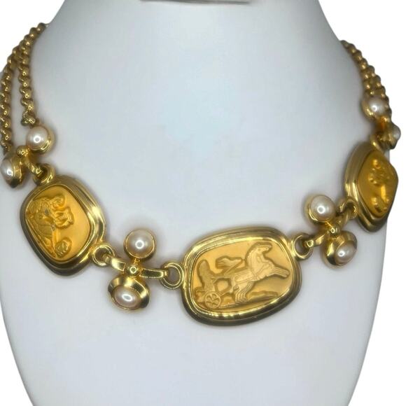 Vintage John Medeiros Roman Warrior Cameo Panel Necklace Goldtone 17” - Picture 2 of 5